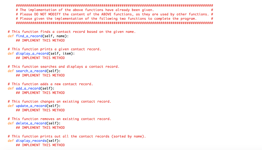 an existing contact, is selected, the program should allow the user to