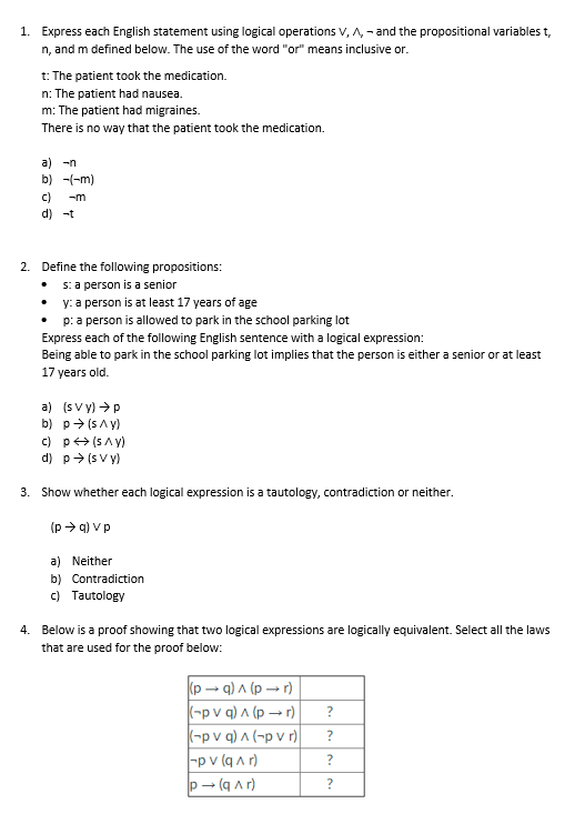  Express each English statement using logical operations V, Lambda, - 1.