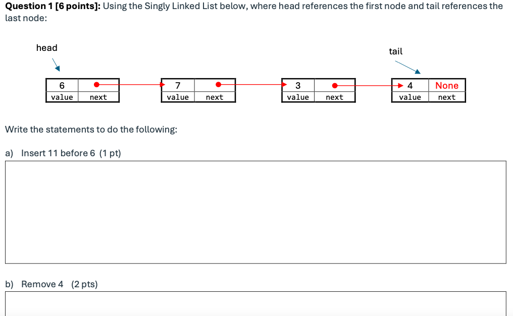  Question 1[6 points]: Using the Singly Linked List below, where head