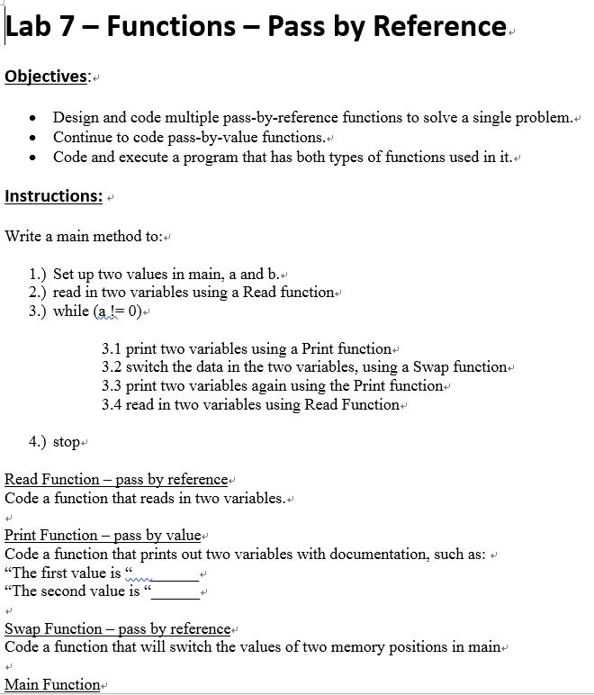  Lab 7 Functions Pass by Reference Objectives Design and code multiple