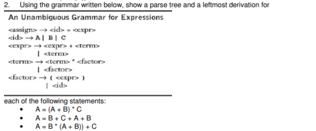  2. Using the grammar written below, show a parse tree and