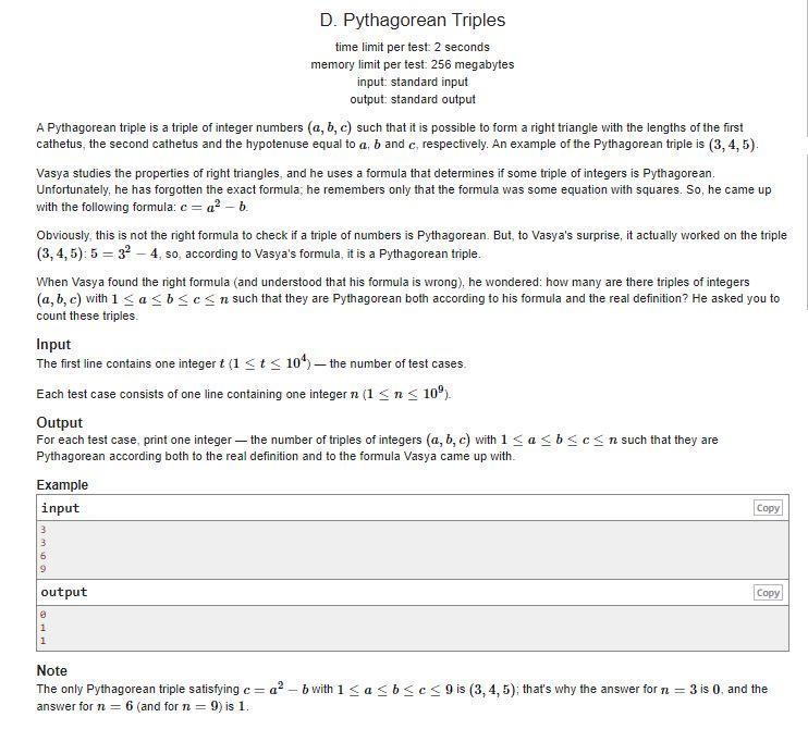  Implementation in Python 3.9.1 D. Pythagorean Triples time limit per test