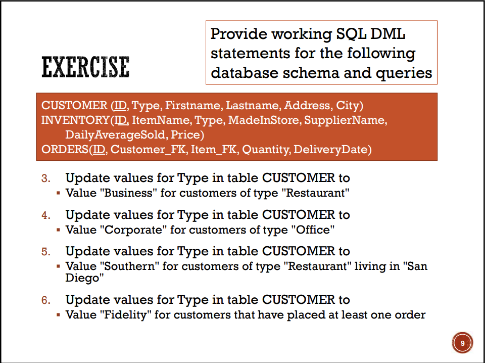 Provide working SQL DML statements for the following database schema and queries