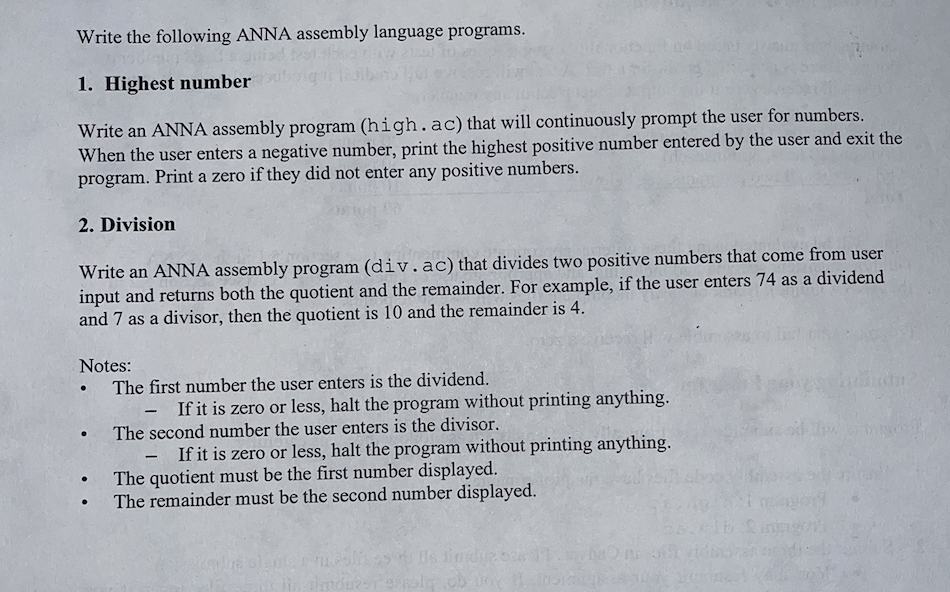  write an anna assembly program(high.ac) that will continuously prompt the user