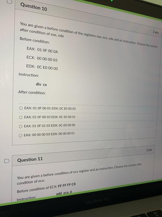 assembly language Question 10 You are given a before condition of the