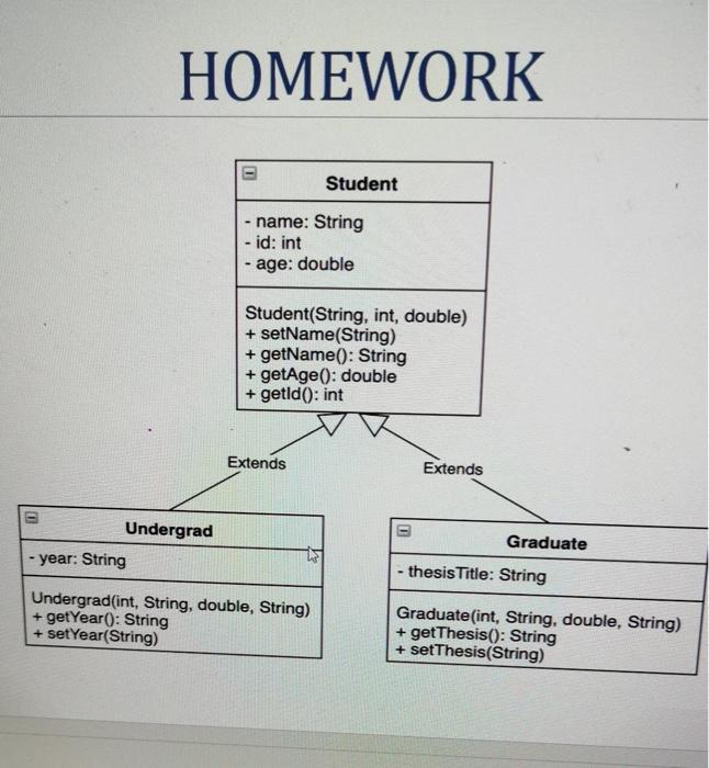  HOMEWORK Student - name: String - id: int - age: double