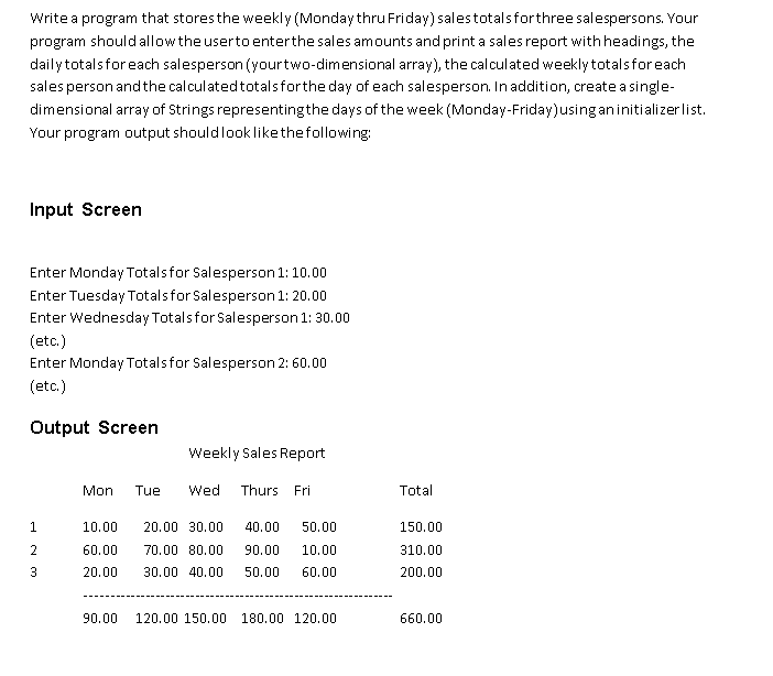 Computer Science Help Write a program that stores the weekly (Monday thruFriday)salestotals