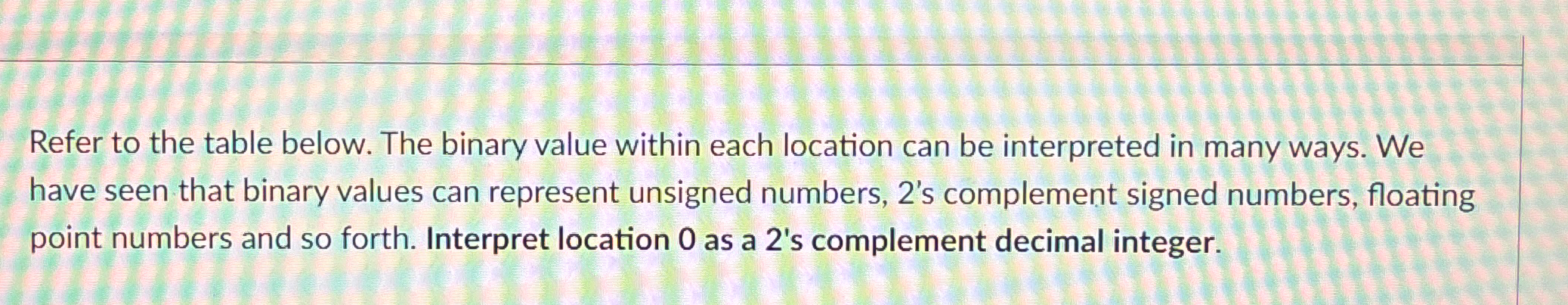  Refer to the table below. The binary value within each location