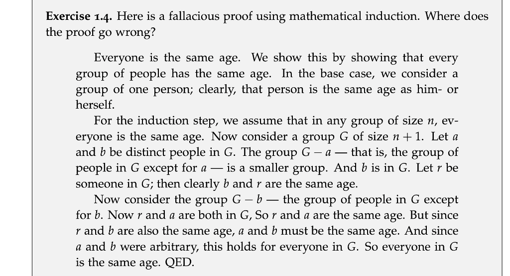 1.4 Exercise 1.4. Here is a fallacious proof using mathematical induction. Where