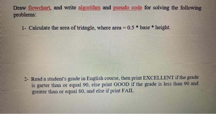  Draw flowchart, and write algorithm and pseudo code for solving the