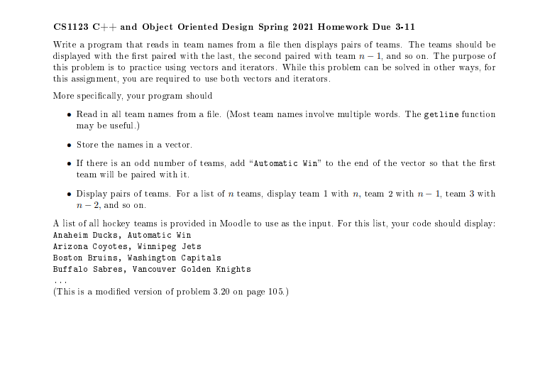 CS1123 C++ and Object Oriented Design Spring 2021 Homework Due 3-11