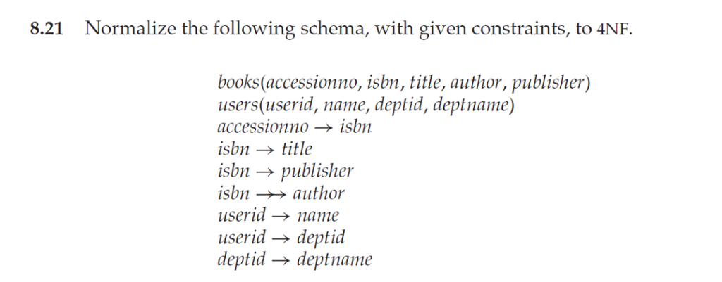 Database Q: Simple answer plz. Normalize the following schema, with given constraints,