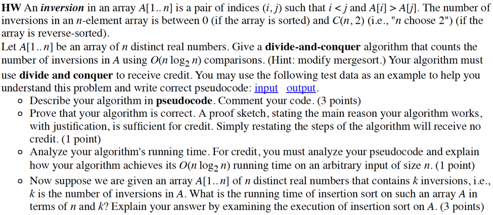  HW An inversion in an array A[1..n] is a pair of