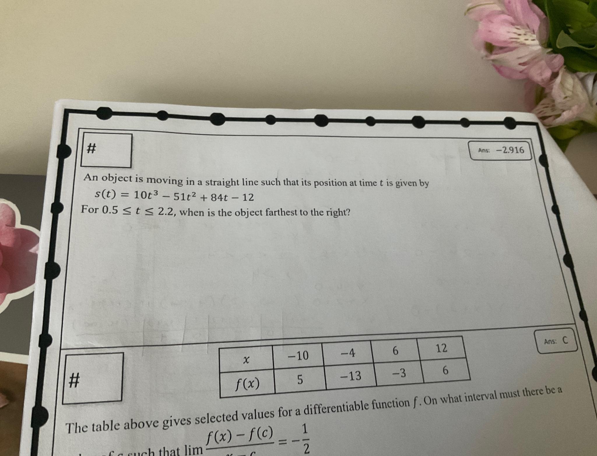 #\ Ans: -2.916\ An object is moving in a straight line