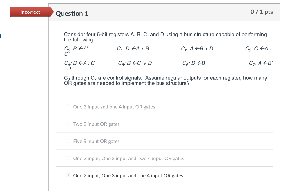  Consider four 5-bit registers A,B,C, and D using a bus structure