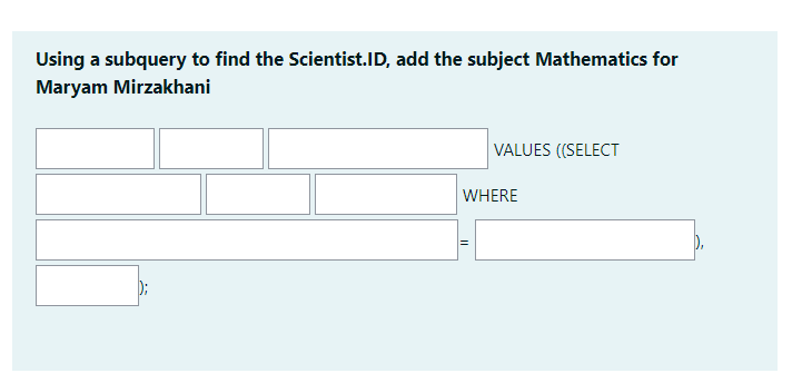 varchar(2), Subject varchar(17), PRIMARY KEY (Subject_Code) ); CREATE TABLE Scientist ( ID