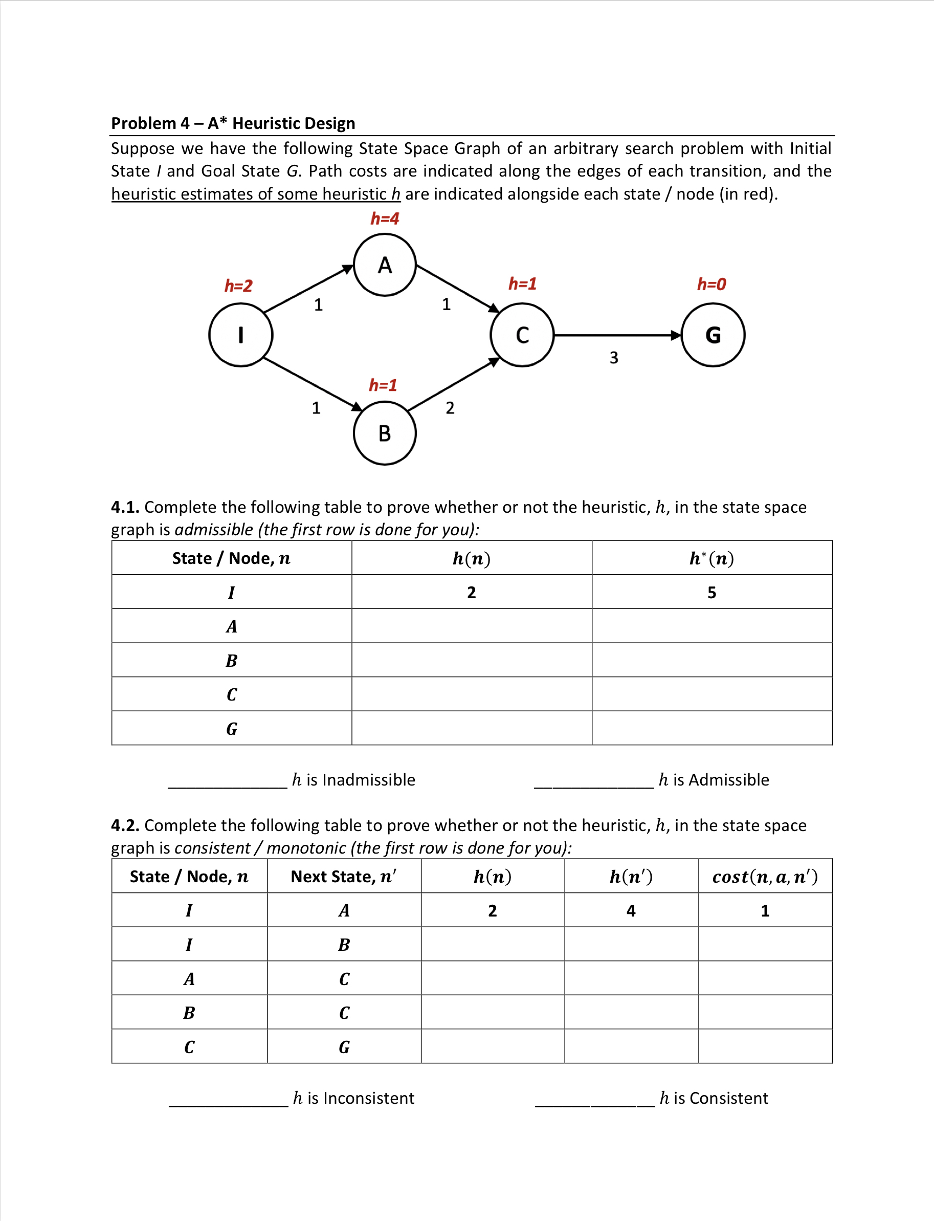  Problem 4- A*?** Heuristic Design Suppose we have the following State