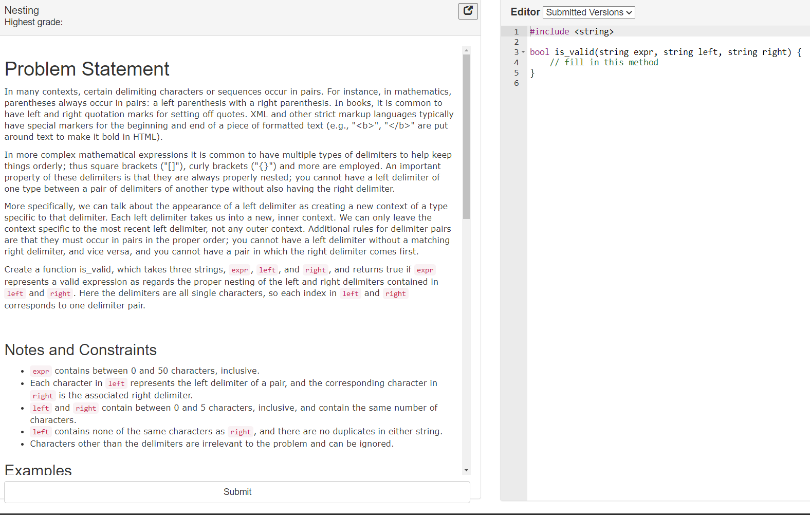 Nesting C++ Problem. We are only expected to turn in the function.