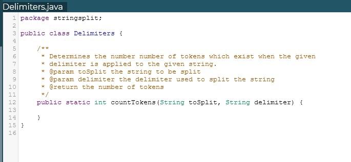  Delimiters.java 1 package stringsplit; 2 3 public class Delimiters { *