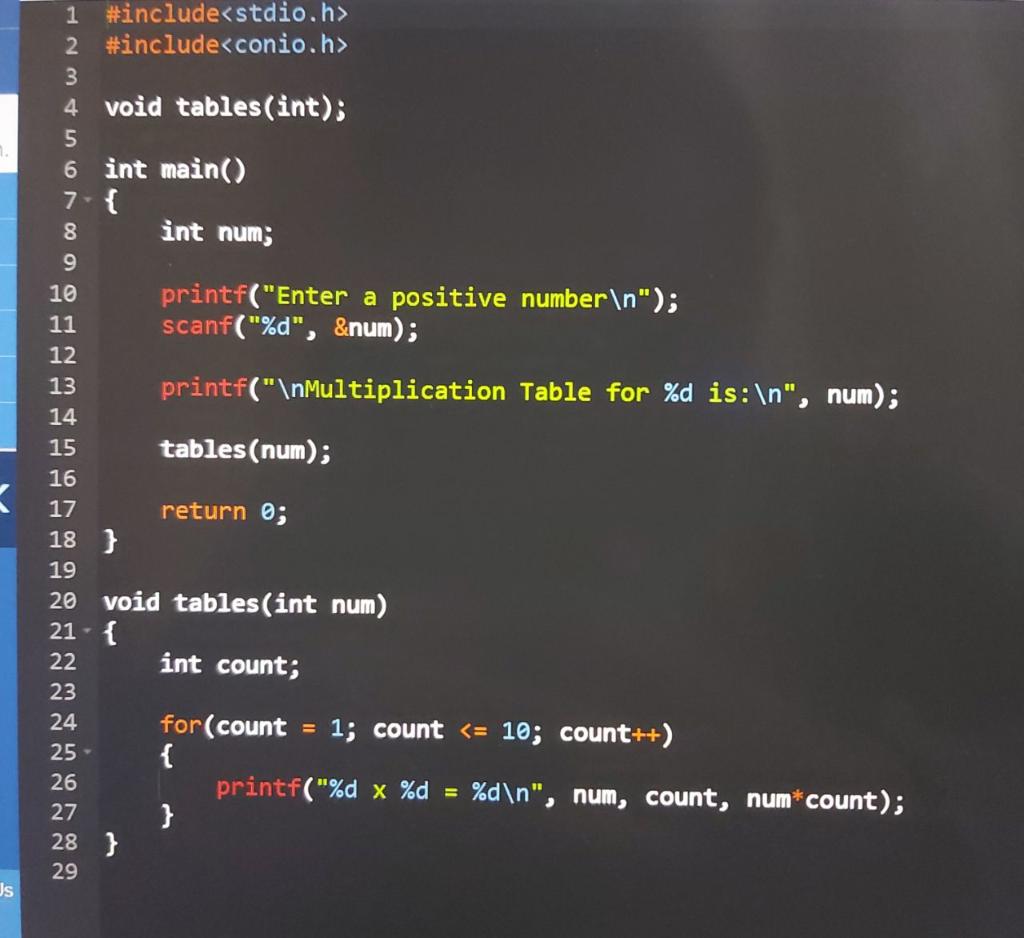 Draw a flowchart for a c program of a multiplication table of