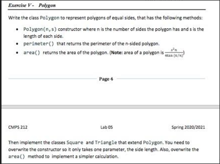 (in java program) Exercise V. Polygon Write the class Polygon to represent
