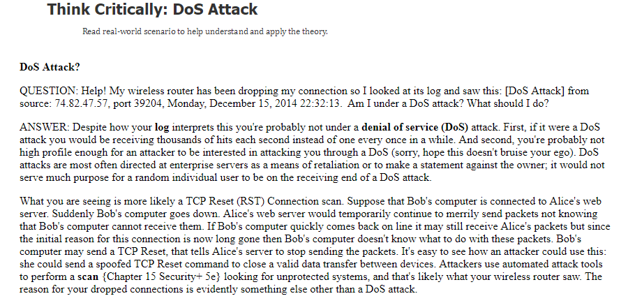 Computer Security Think Critically: DoS Attack Read real-world scenario to help understand