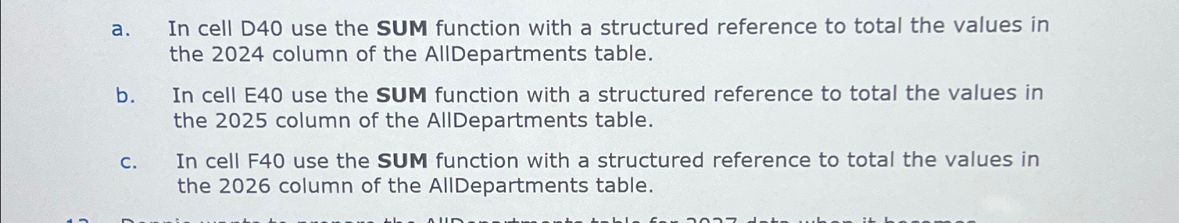 a. In cell D40 use the SUM function with a structured