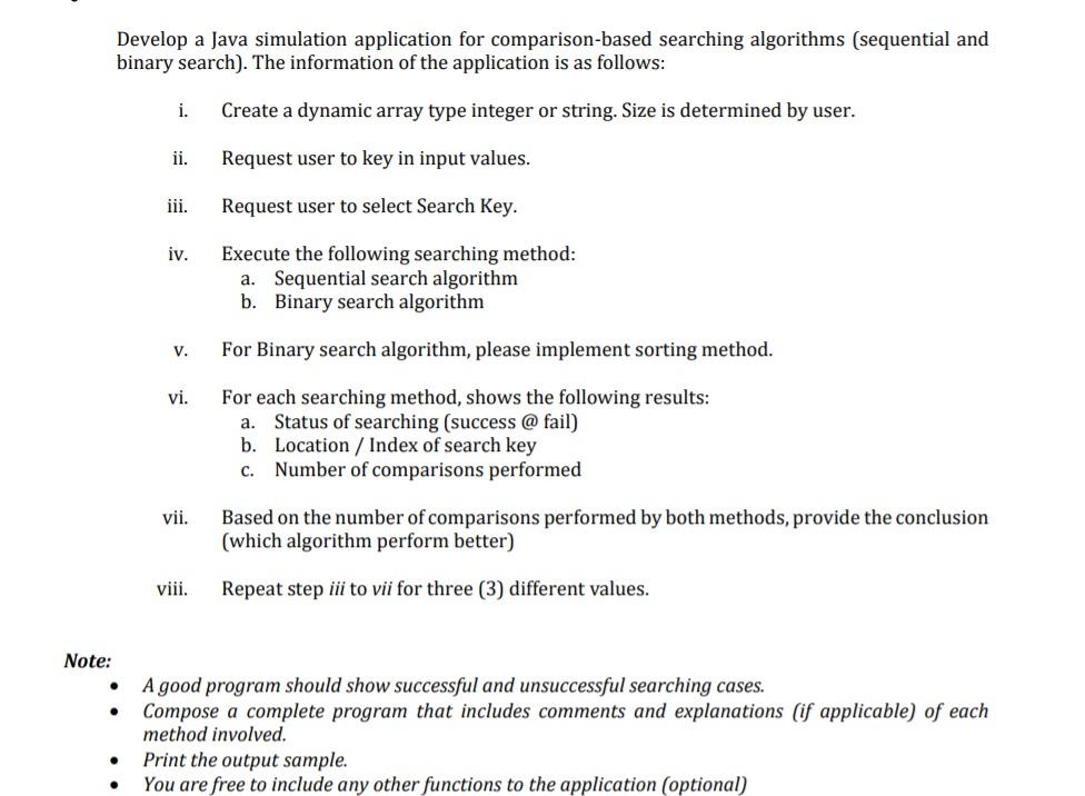  Develop a Java simulation application for comparison-based searching algorithms (sequential and