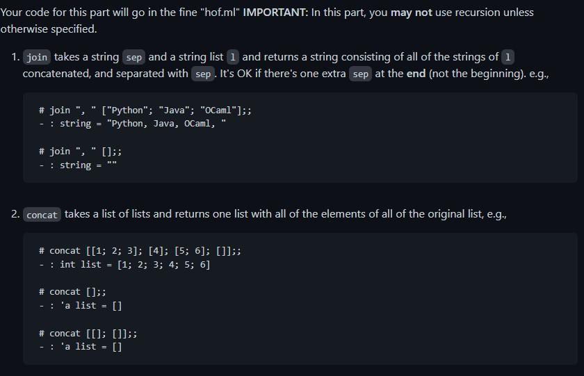 Implement these OCAML functions using only Higher Order Functions such as List.map,