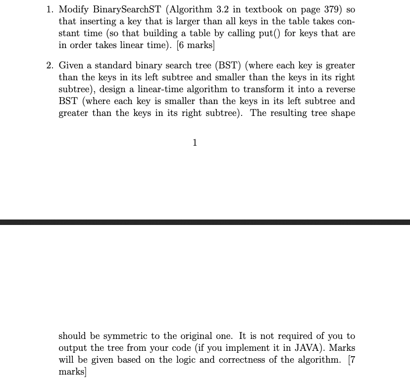  1. Modify Binary SearchST (Algorithm 3.2 in textbook on page 379)