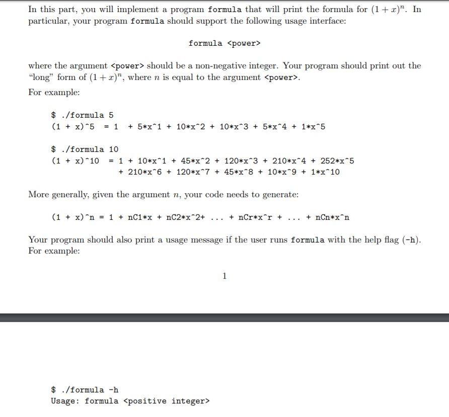 Write in C: In this part, you will implement a program formula
