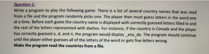 q1 plz Question 1: Write a program to play the following game.