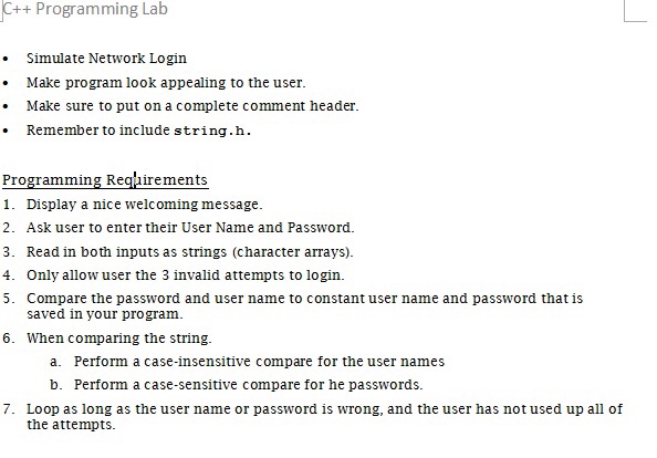  C++ Programming Lab Simulate Network Login Make program look appealing to