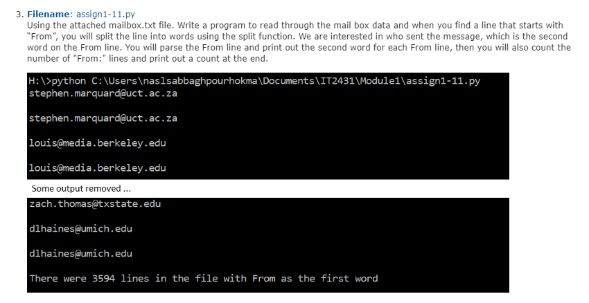 3. Filename: assign1-11.py Using the attached mailbox.txt file. Write a program