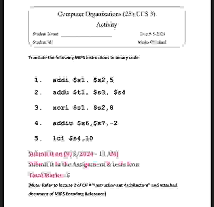  addi $81,$$2,5. addu $t1,$33,$s4 xori $s1, $s2,8 addiu $$6,$$7,-2 1 ui