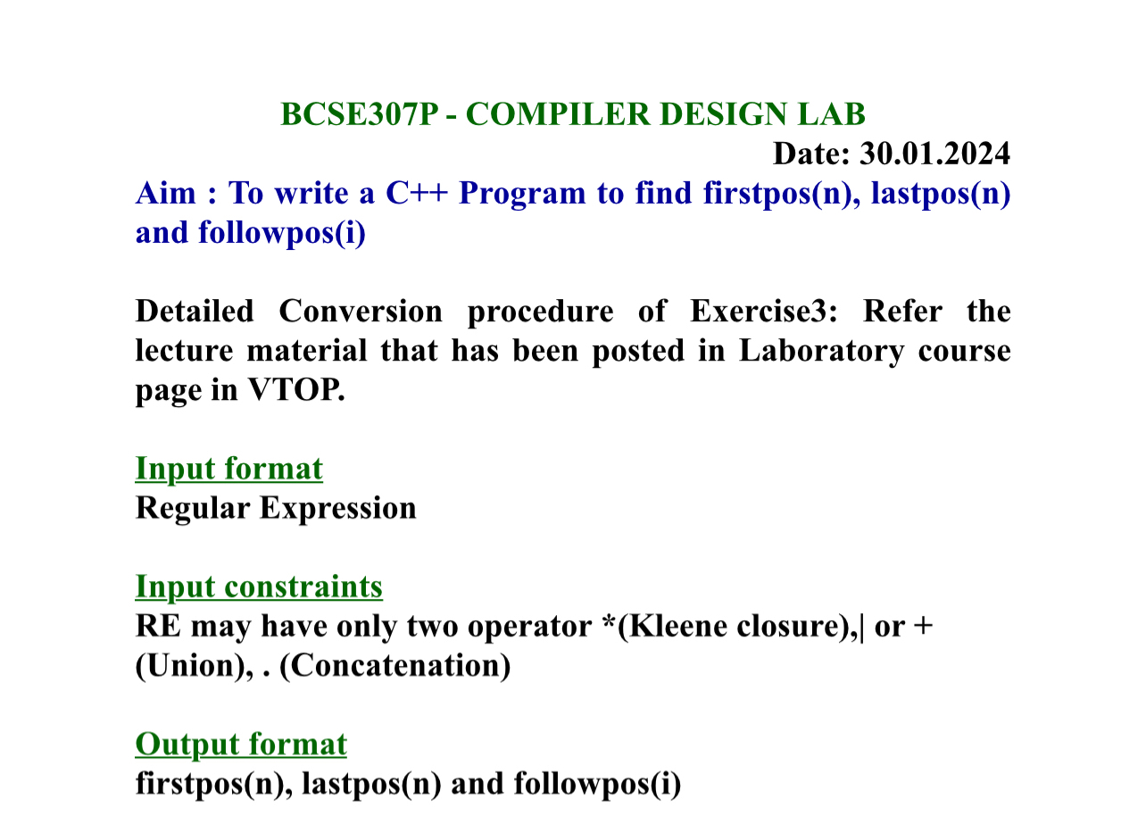  BCSE307P - COMPILER DESIGN LAB Date: 30.01.2024 Aim : To write