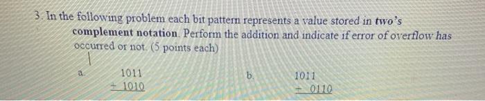  3. In the following problem each bit pattern represents a value