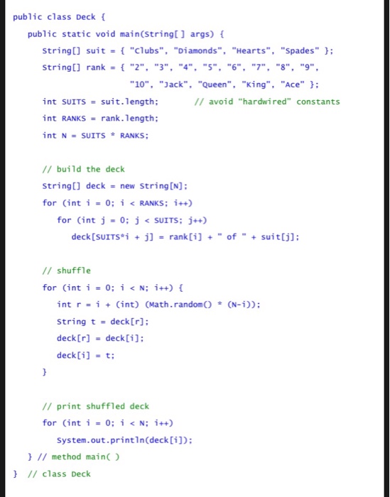 takes a command-line argument N and prints N poker hands (five cards
