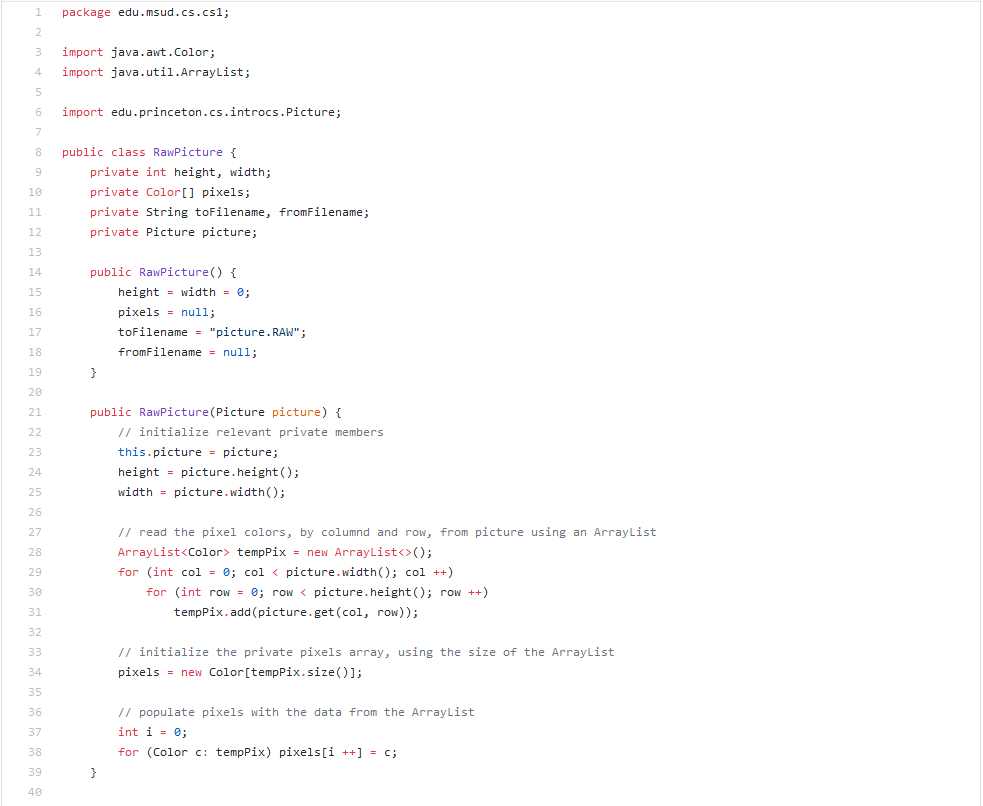 methods RawPicture with read() and write() methods for saving and reading pictures