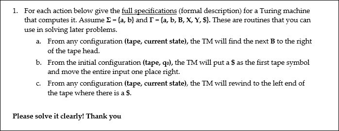 For each action below give the full specifications (formal description) for