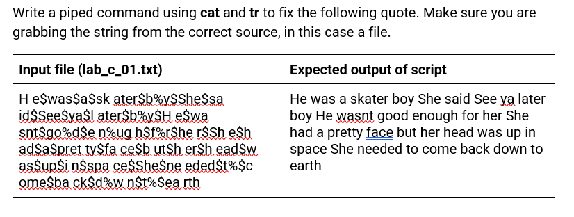  Write a piped command using cat and tr to fix the
