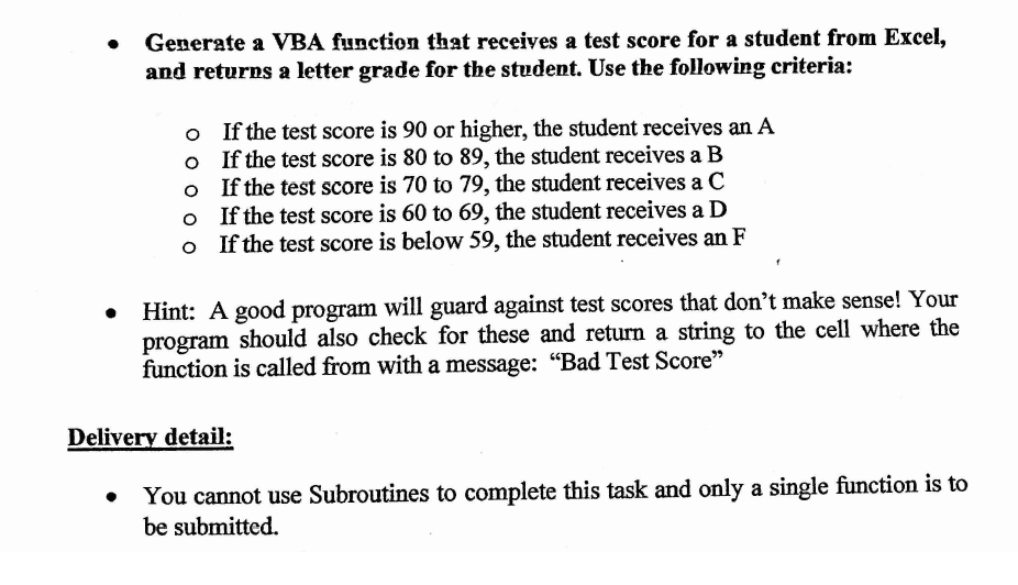  Generate a VBA function that receives a test score for a