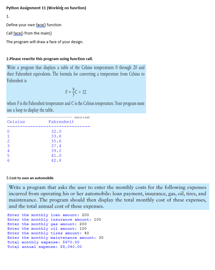  Python Assignment 11 (Working on function) Define your own face() function