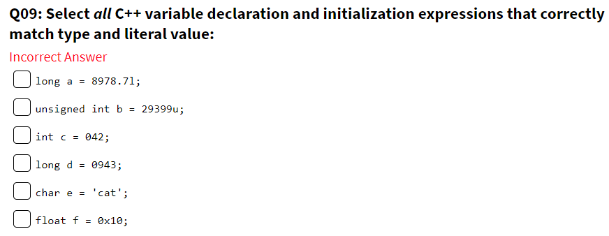  Q09: Select all C++ variable declaration and initialization expressions that correctly