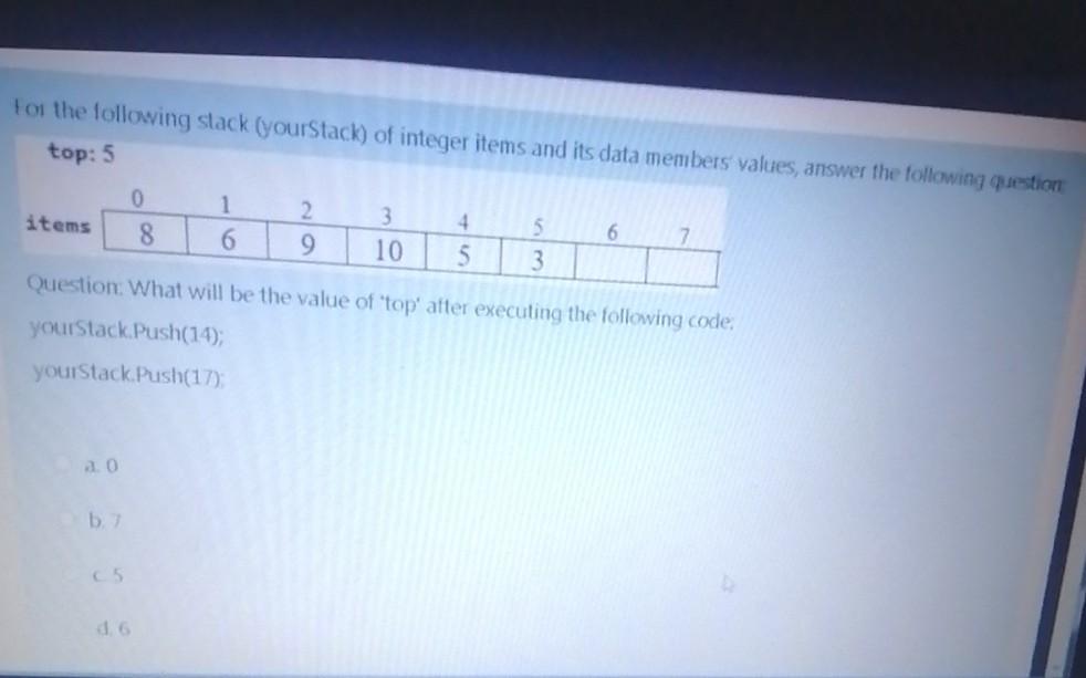  For the following stack (yourStack) of integer items and its data