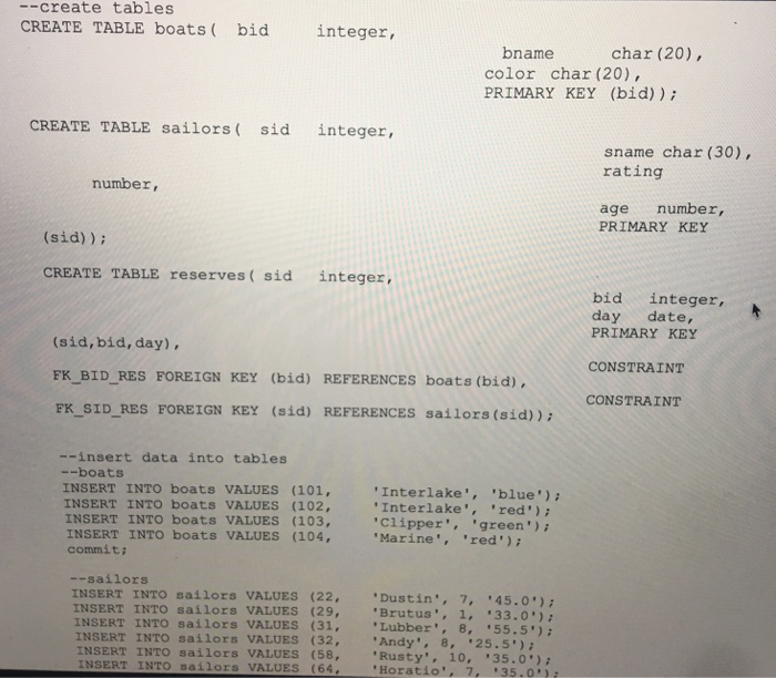  Please answer questions fully A-H --create tables CREATE TABLE boats (