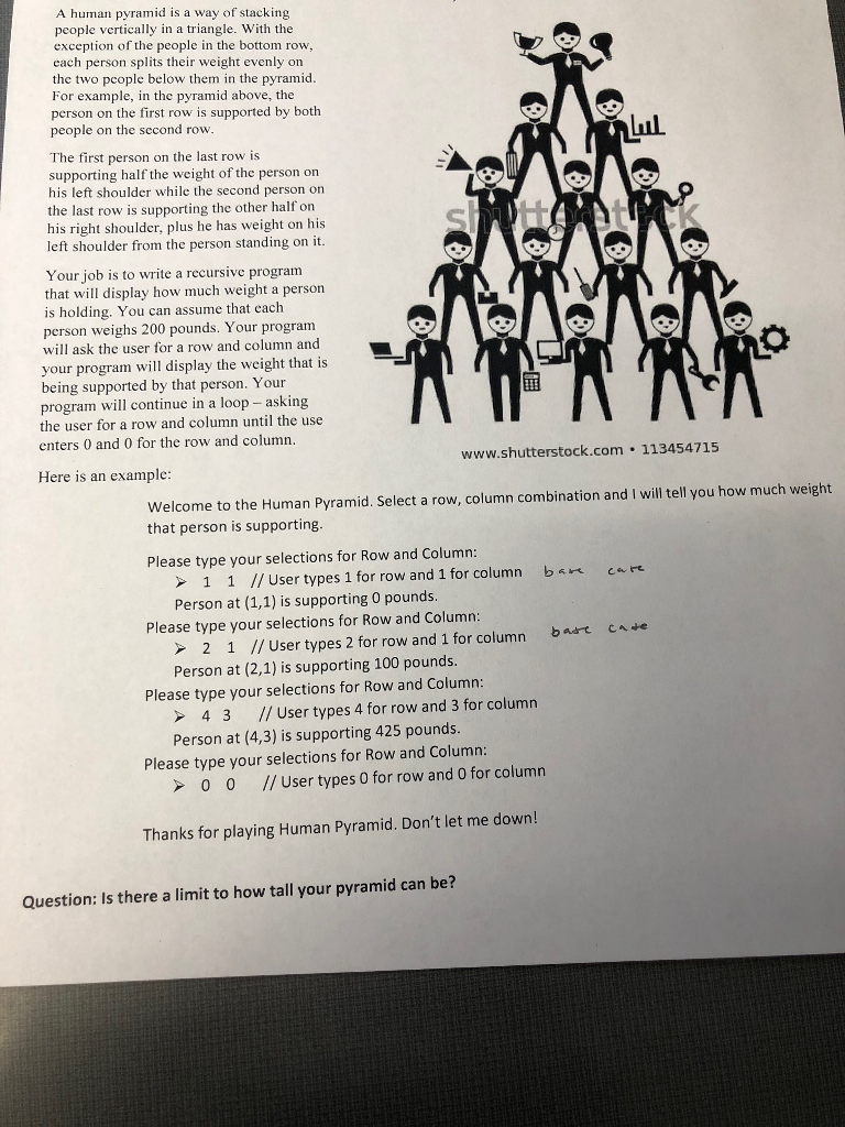 java language program----recursion A human pyramid is a way of stacking people