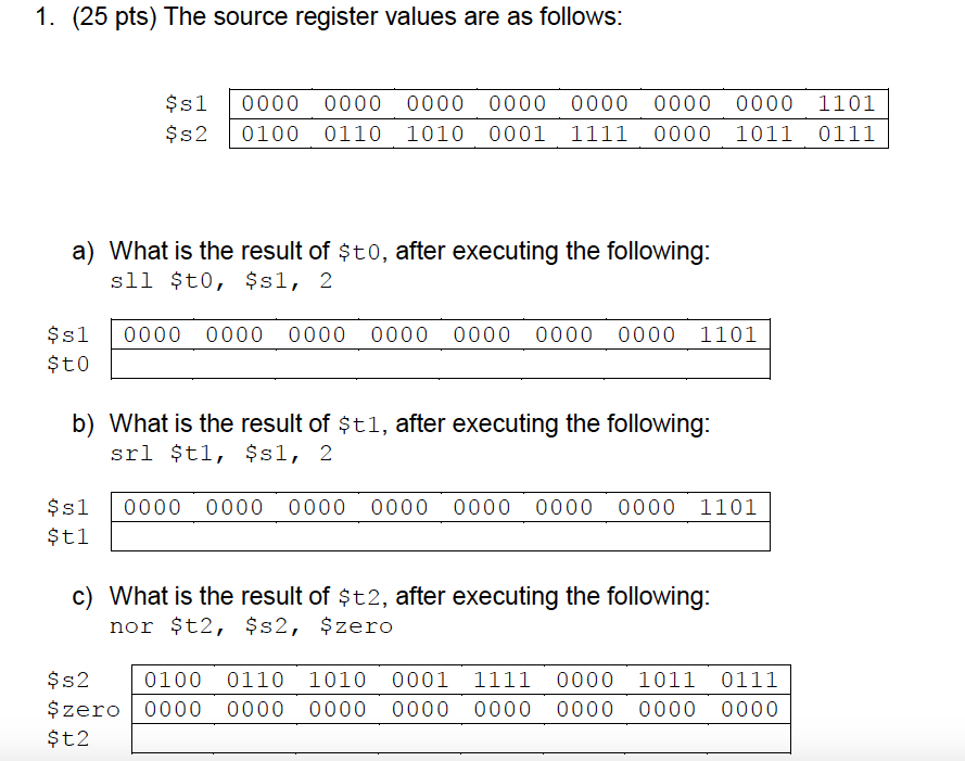 need help ASAP! 1. (25 pts) The source register values are as