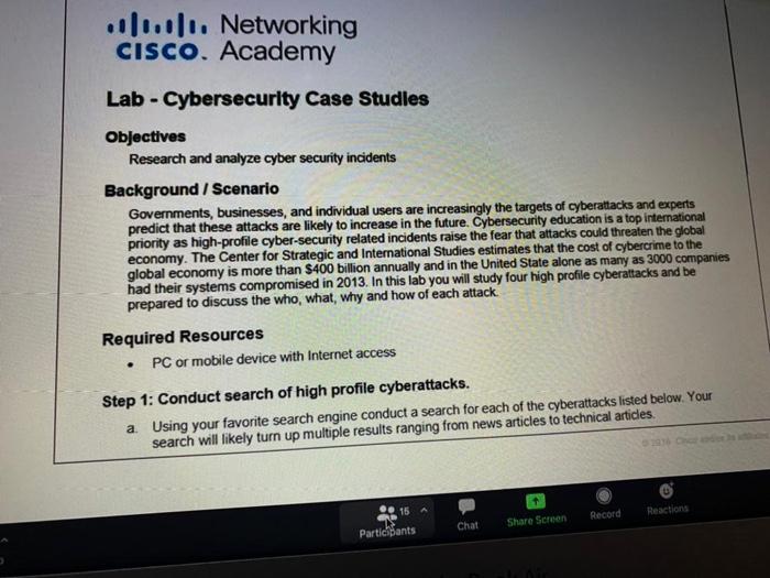  ...... Networking CISCO. Academy Lab - Cybersecurity Case Studies Objectives Research