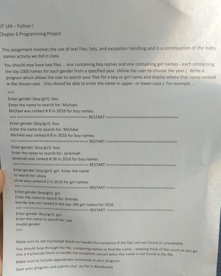  in Python please IT 144-Python l Chapter 6 Programming Project This